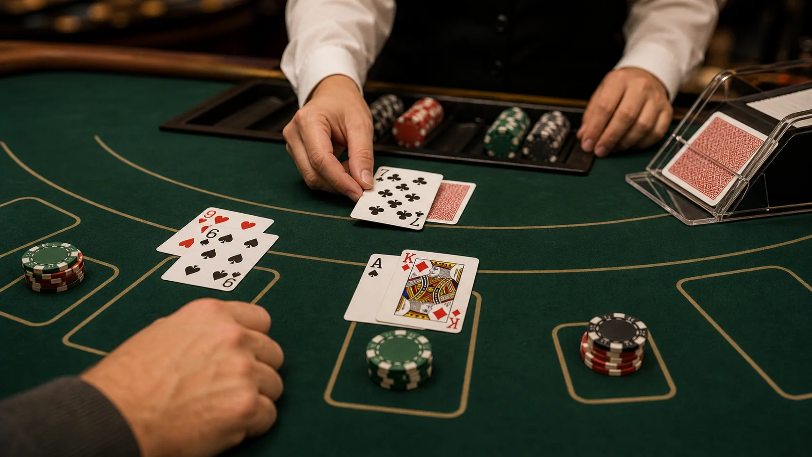 Mesa de blackjack com cartas, fichas e dealer em ambiente de cassino